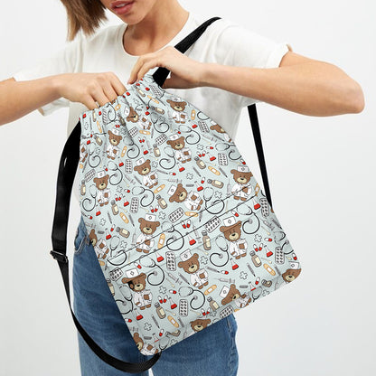 Teddy Bear Doctor Pattern Print Drawstring Backpack