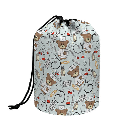 Teddy Bear Doctor Pattern Print Drawstring Makeup Bag