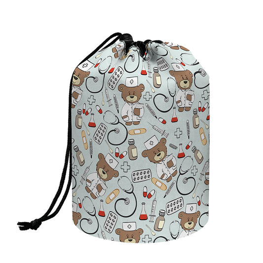Teddy Bear Doctor Pattern Print Drawstring Makeup Bag