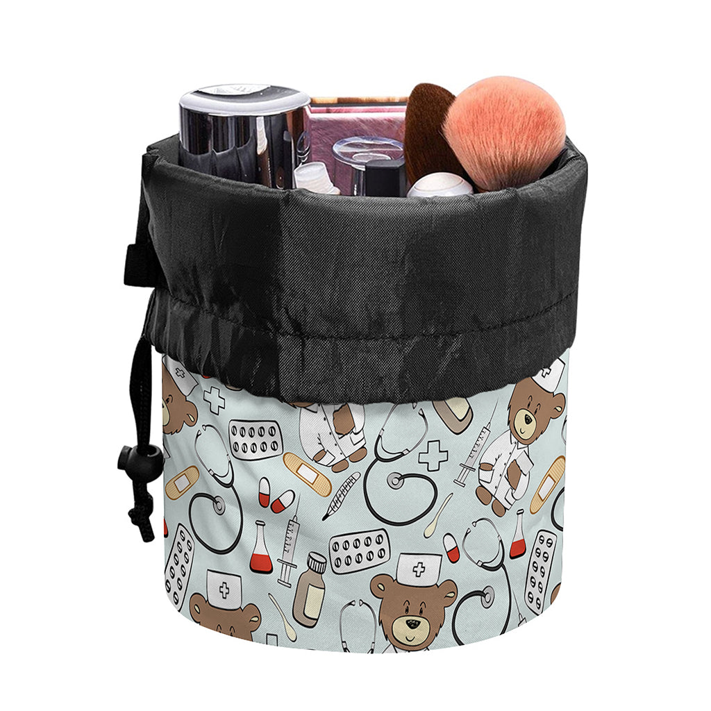 Teddy Bear Doctor Pattern Print Drawstring Makeup Bag