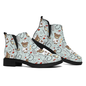 Teddy Bear Doctor Pattern Print Flat Ankle Boots