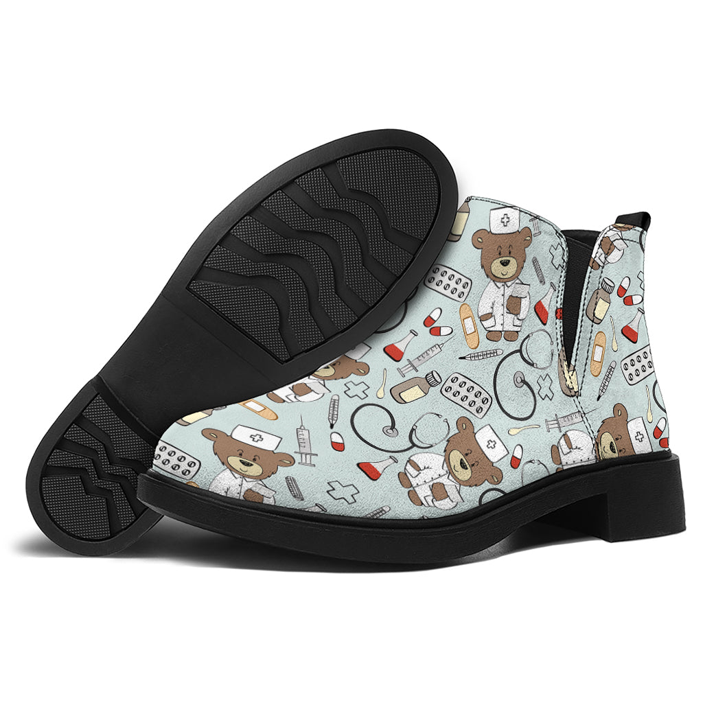 Teddy Bear Doctor Pattern Print Flat Ankle Boots