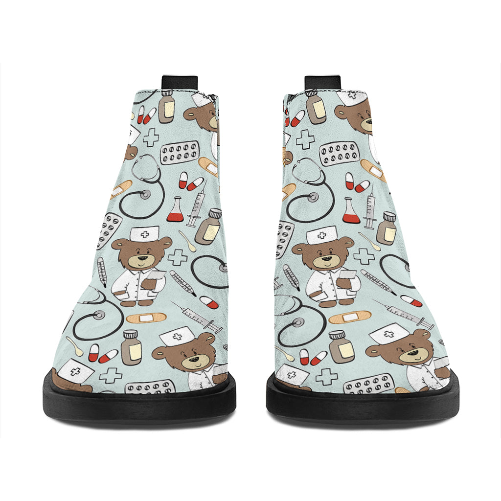 Teddy Bear Doctor Pattern Print Flat Ankle Boots