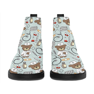 Teddy Bear Doctor Pattern Print Flat Ankle Boots