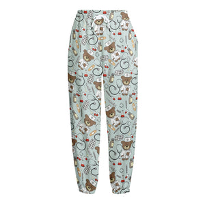 Teddy Bear Doctor Pattern Print Fleece Lined Knit Pants