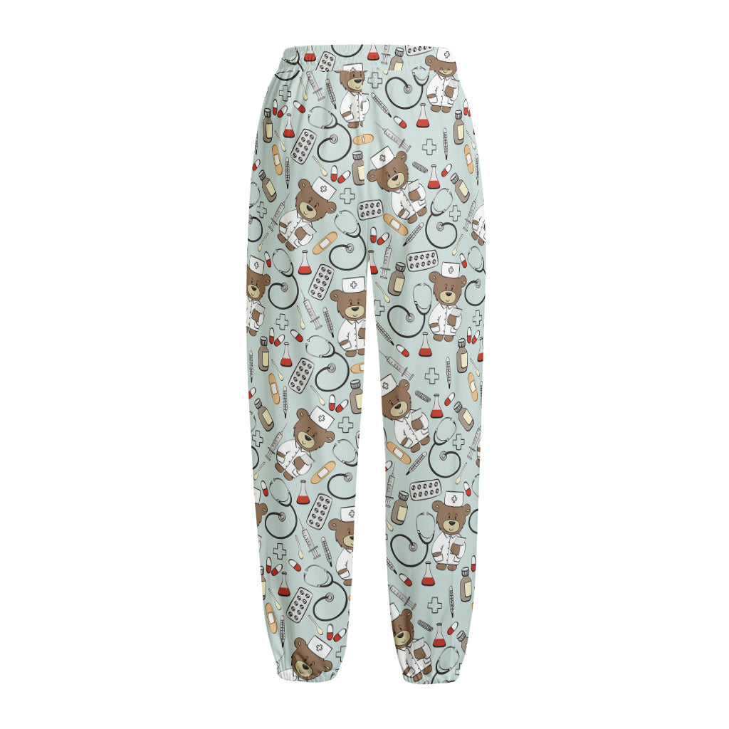 Teddy Bear Doctor Pattern Print Fleece Lined Knit Pants