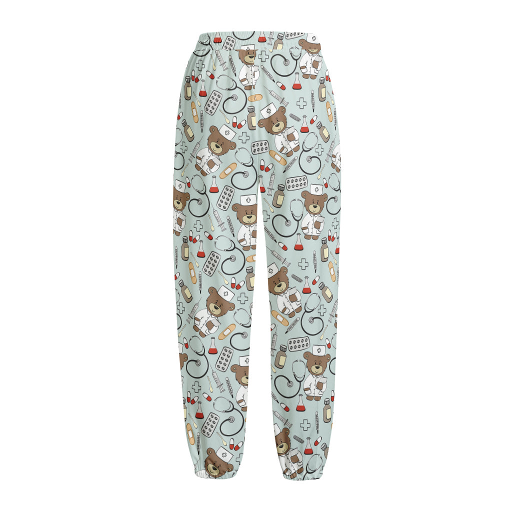 Teddy Bear Doctor Pattern Print Fleece Lined Knit Pants
