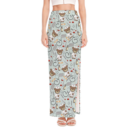 Teddy Bear Doctor Pattern Print High Slit Maxi Skirt