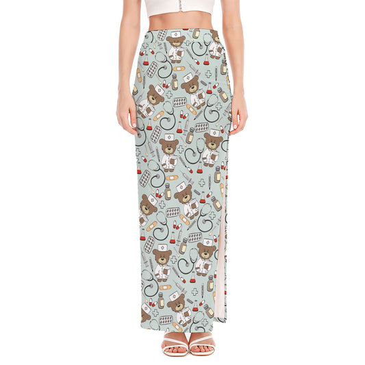 Teddy Bear Doctor Pattern Print High Slit Maxi Skirt