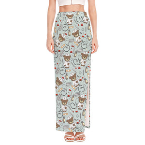 Teddy Bear Doctor Pattern Print High Slit Maxi Skirt