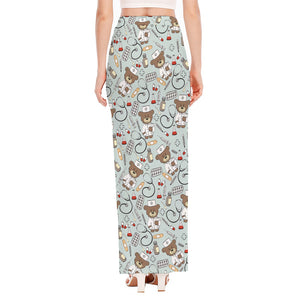 Teddy Bear Doctor Pattern Print High Slit Maxi Skirt