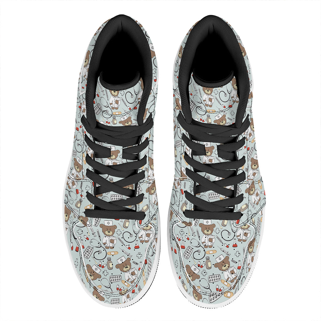 Teddy Bear Doctor Pattern Print High Top Leather Sneakers