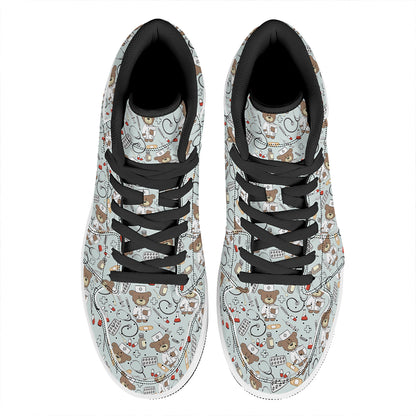 Teddy Bear Doctor Pattern Print High Top Leather Sneakers
