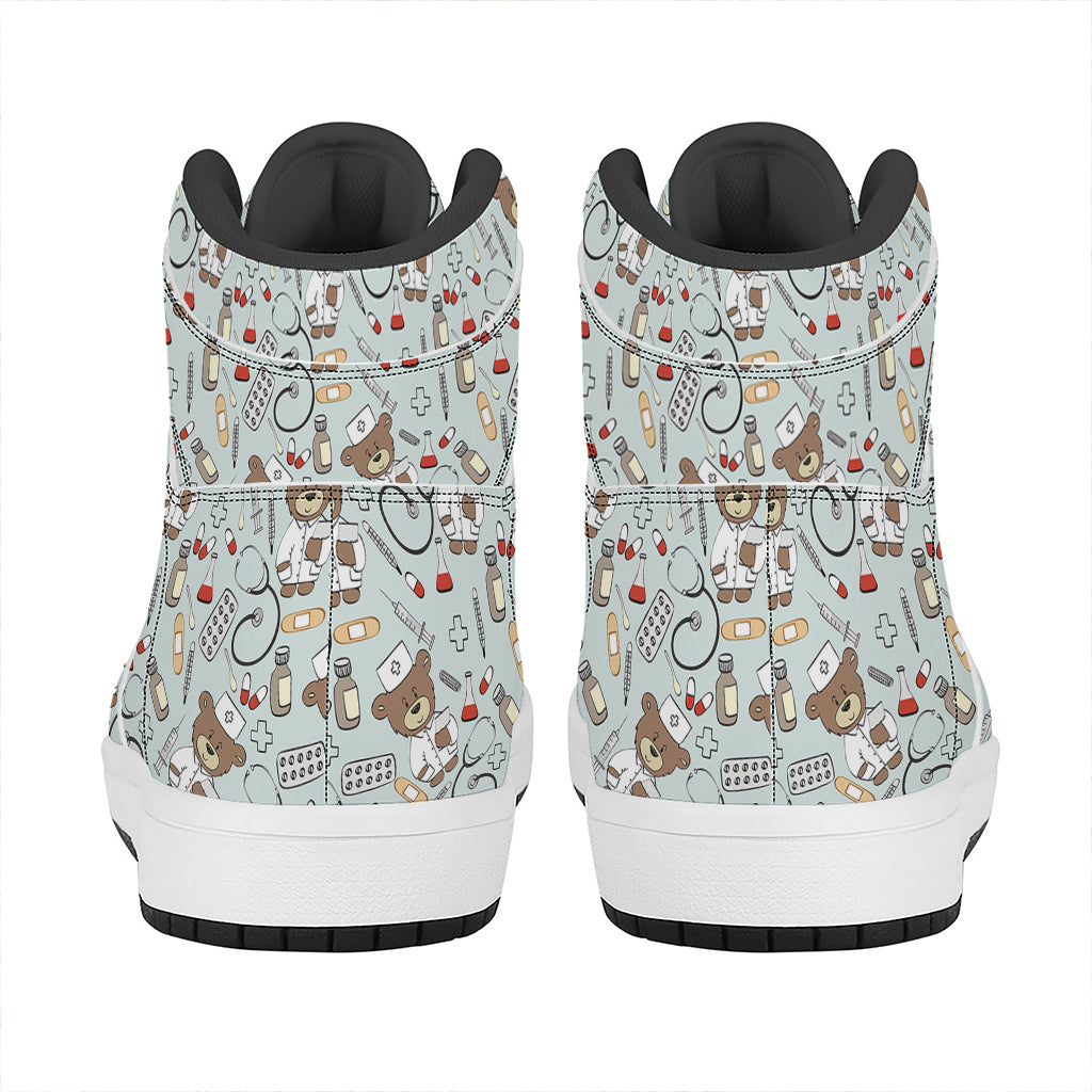 Teddy Bear Doctor Pattern Print High Top Leather Sneakers