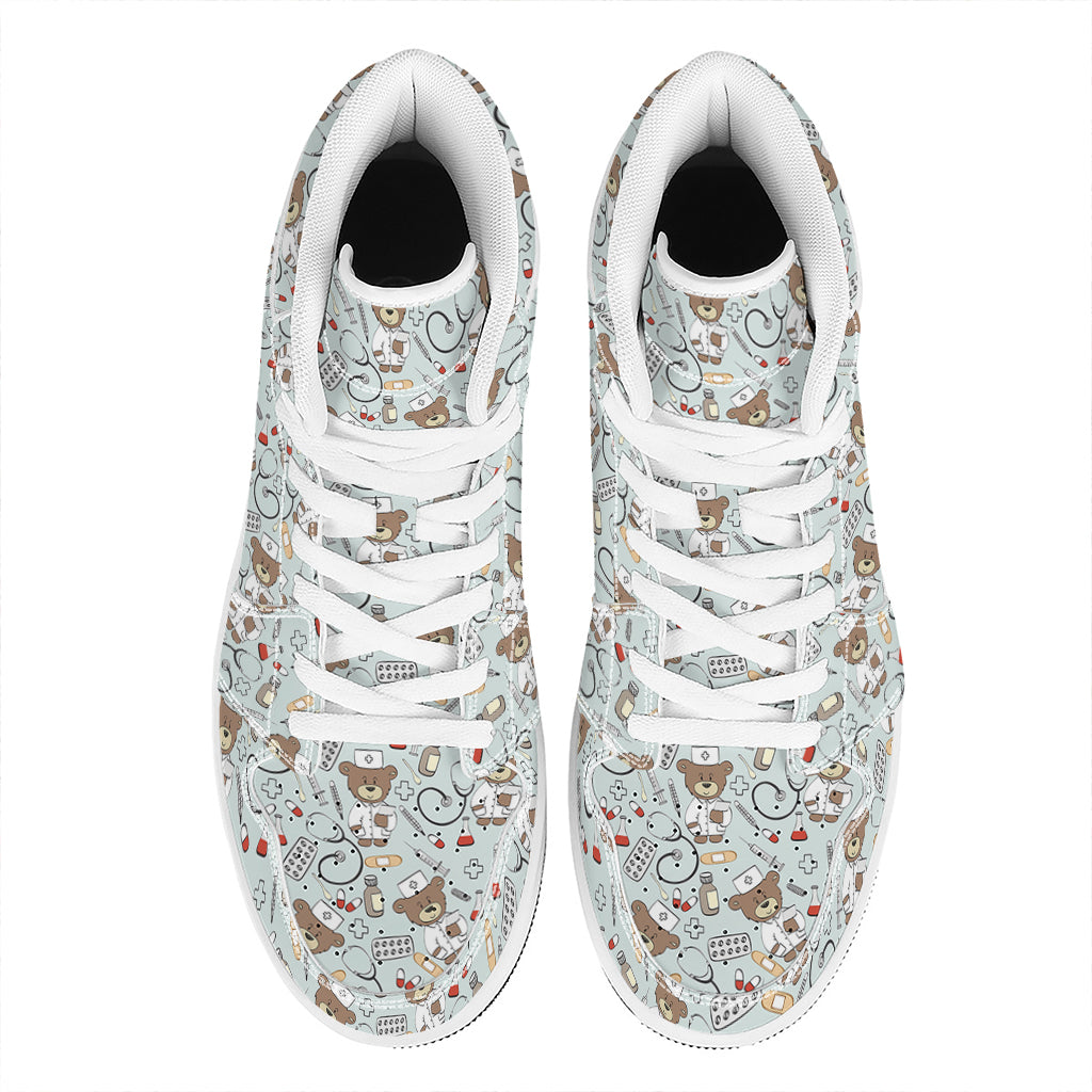 Teddy Bear Doctor Pattern Print High Top Leather Sneakers