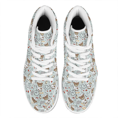 Teddy Bear Doctor Pattern Print High Top Leather Sneakers