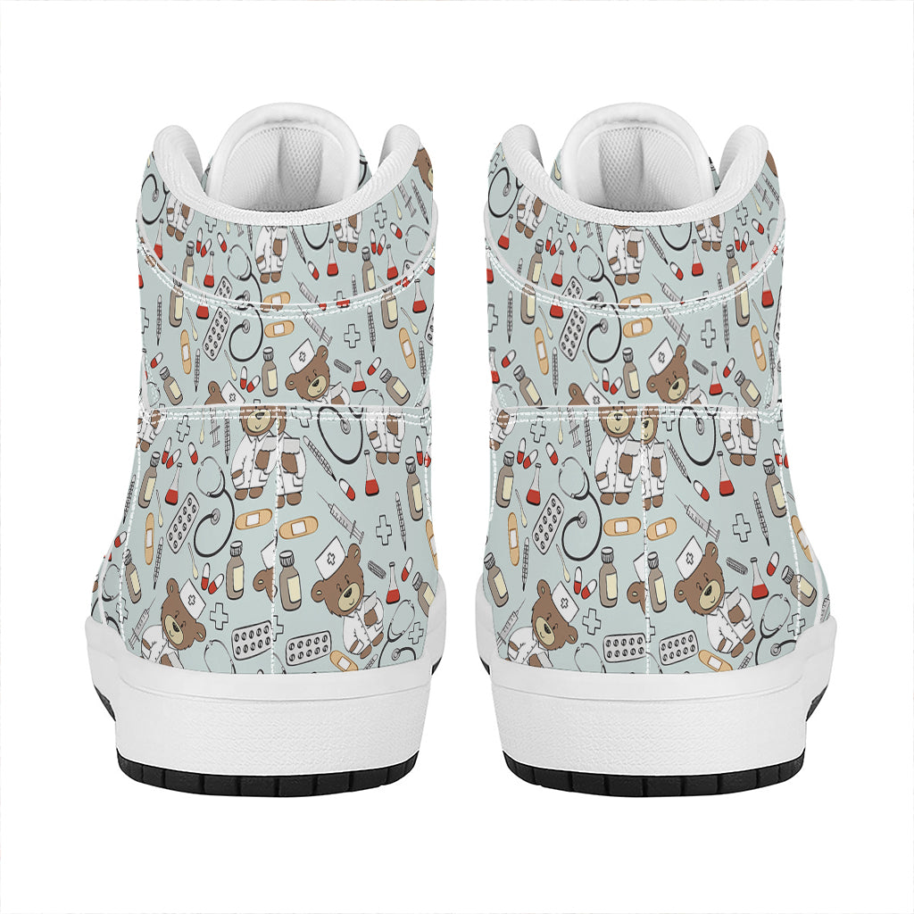 Teddy Bear Doctor Pattern Print High Top Leather Sneakers
