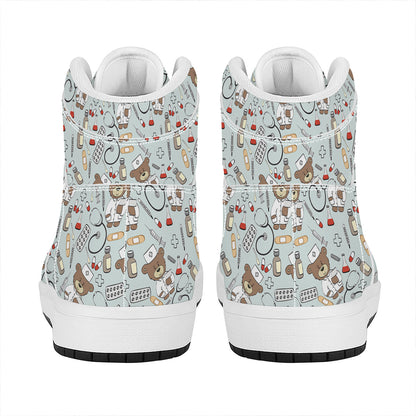 Teddy Bear Doctor Pattern Print High Top Leather Sneakers