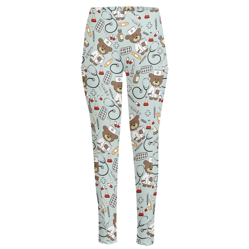 Teddy Bear Doctor Pattern Print High-Waisted Pocket Leggings