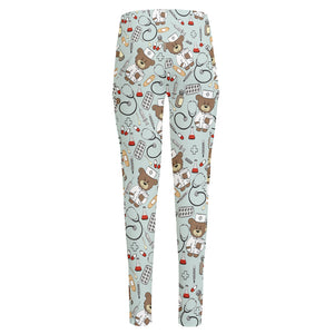 Teddy Bear Doctor Pattern Print High-Waisted Pocket Leggings