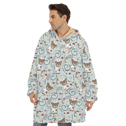Teddy Bear Doctor Pattern Print Hoodie Blanket