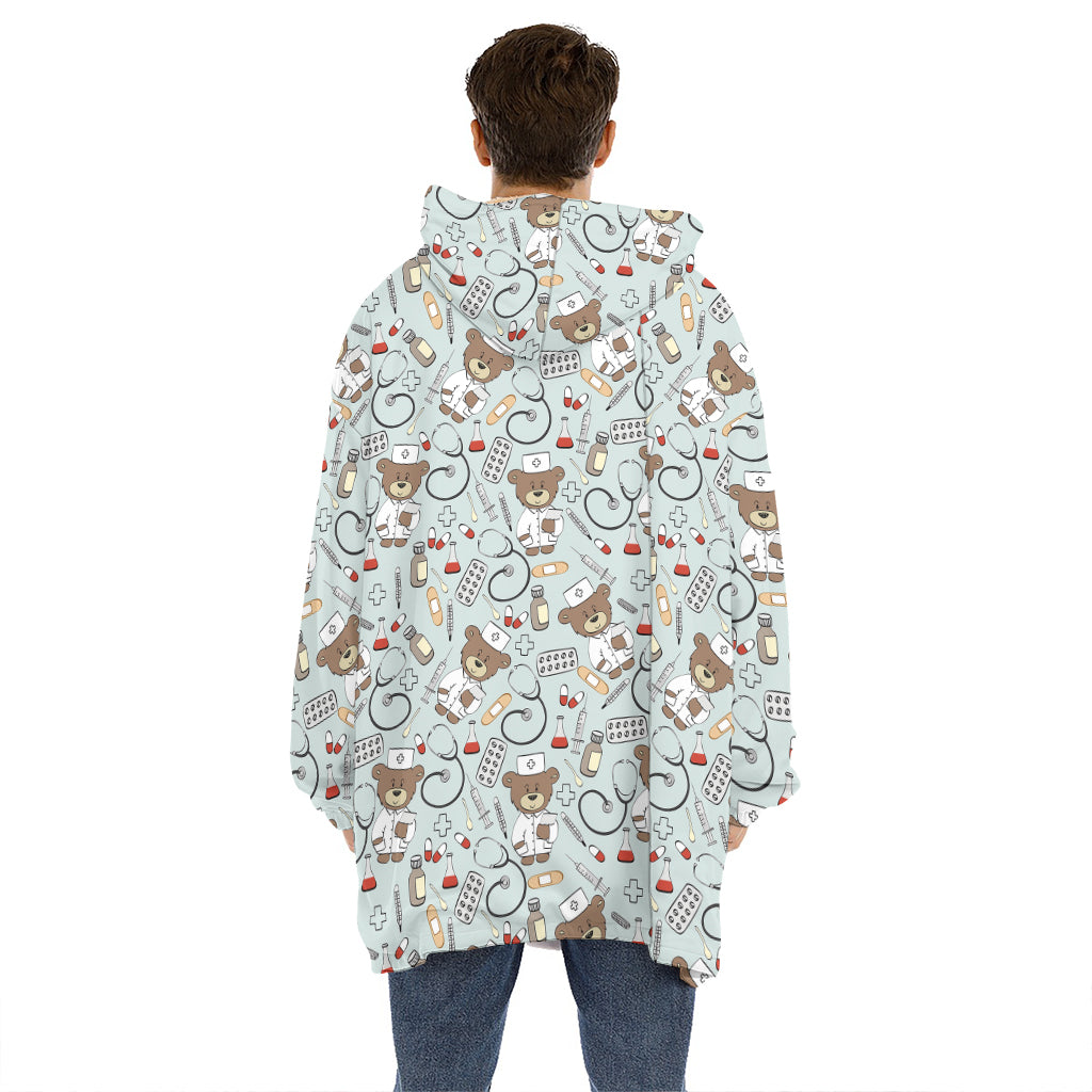 Teddy Bear Doctor Pattern Print Hoodie Blanket