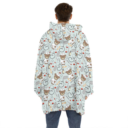 Teddy Bear Doctor Pattern Print Hoodie Blanket