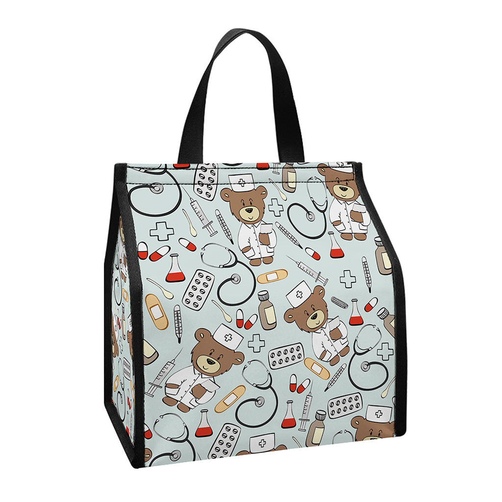 Teddy Bear Doctor Pattern Print Insulated Lunch Tote