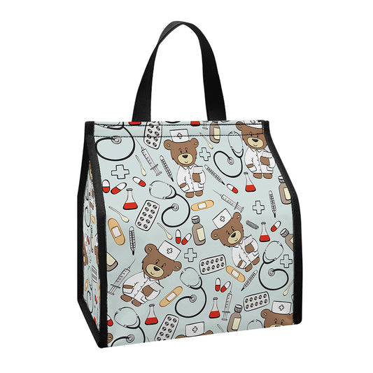 Teddy Bear Doctor Pattern Print Insulated Lunch Tote
