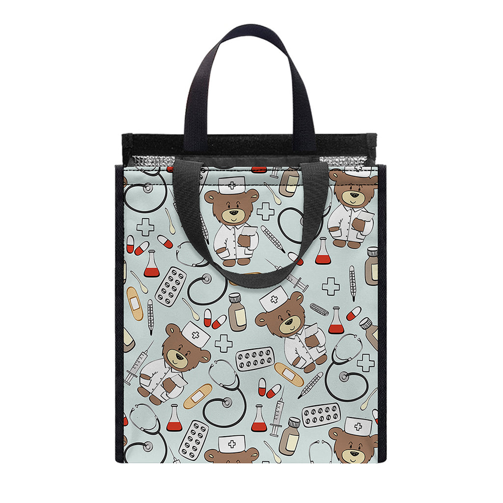 Teddy Bear Doctor Pattern Print Insulated Lunch Tote