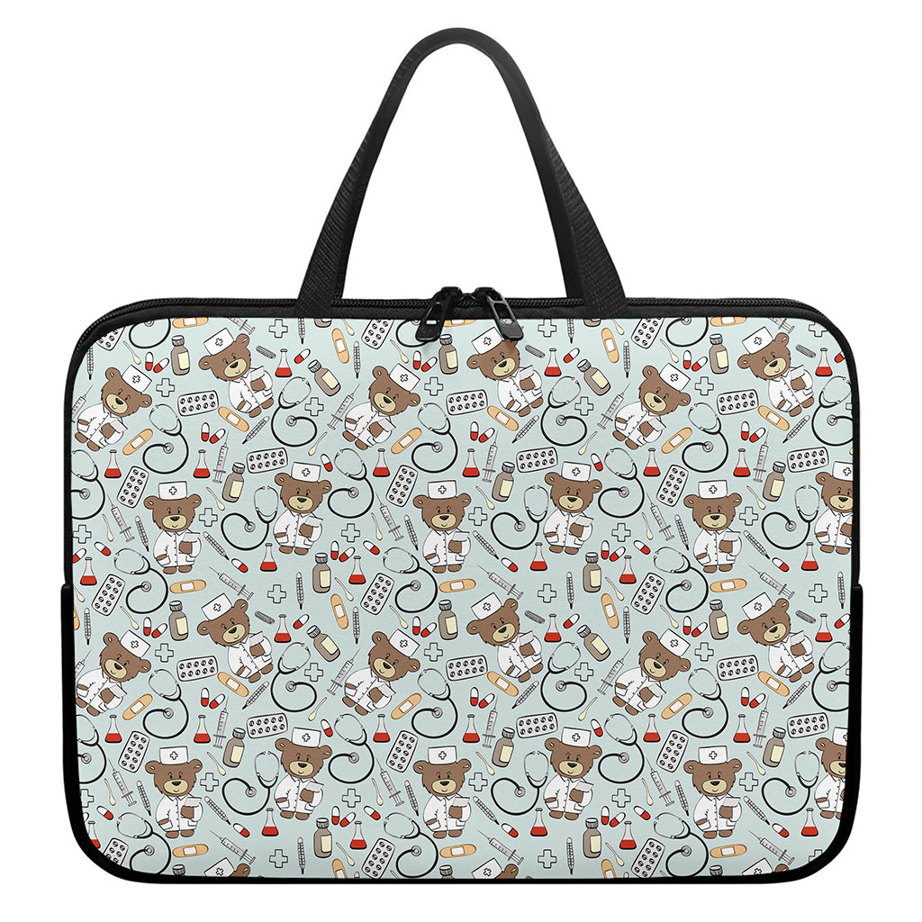 Teddy Bear Doctor Pattern Print Laptop Sleeve With Handle