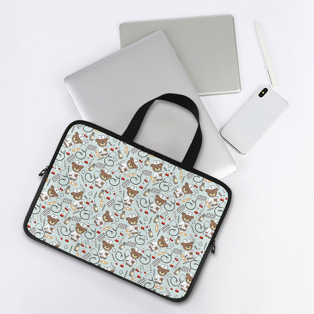 Teddy Bear Doctor Pattern Print Laptop Sleeve With Handle