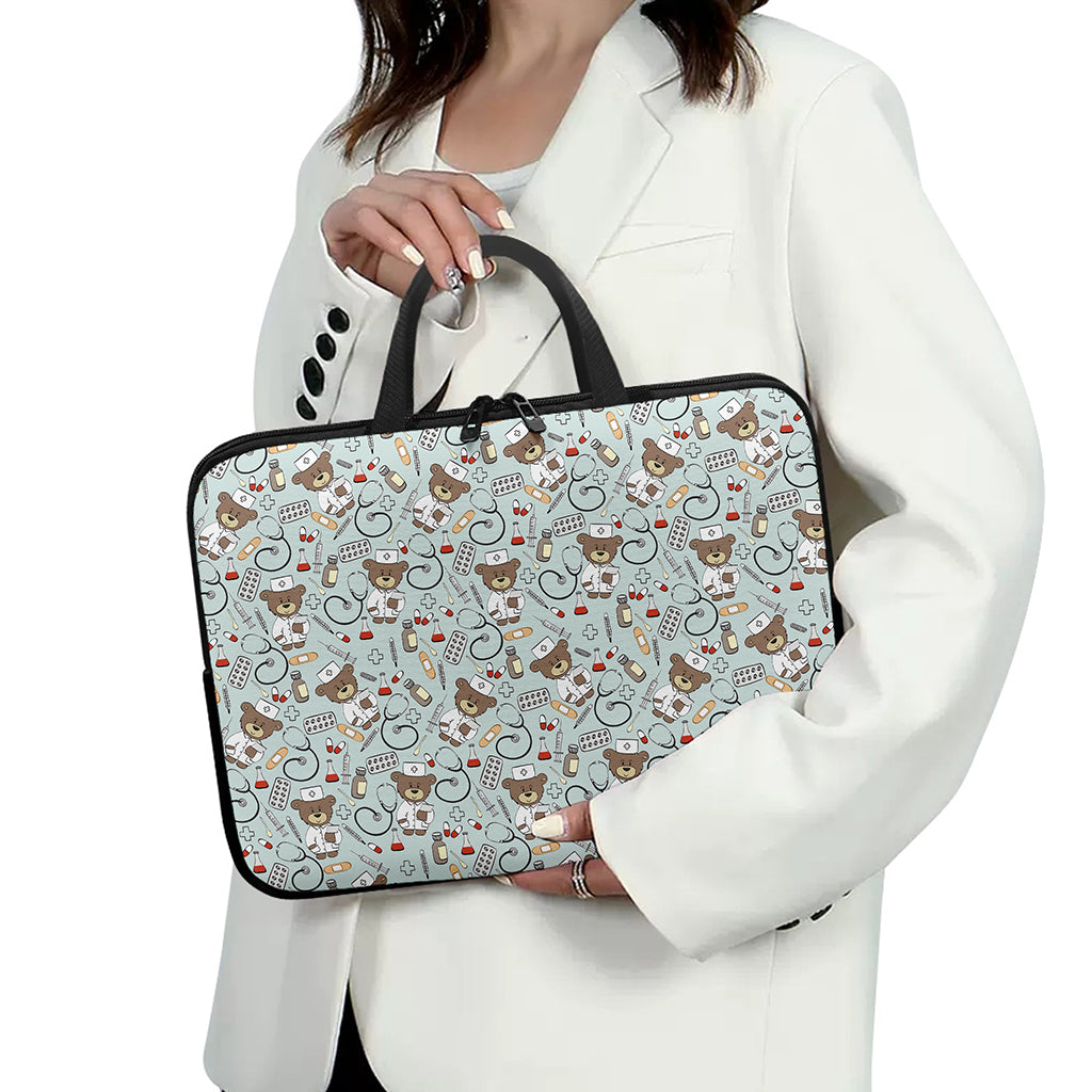 Teddy Bear Doctor Pattern Print Laptop Sleeve With Handle