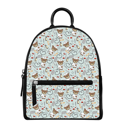 Teddy Bear Doctor Pattern Print Leather Backpack