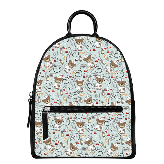 Teddy Bear Doctor Pattern Print Leather Backpack