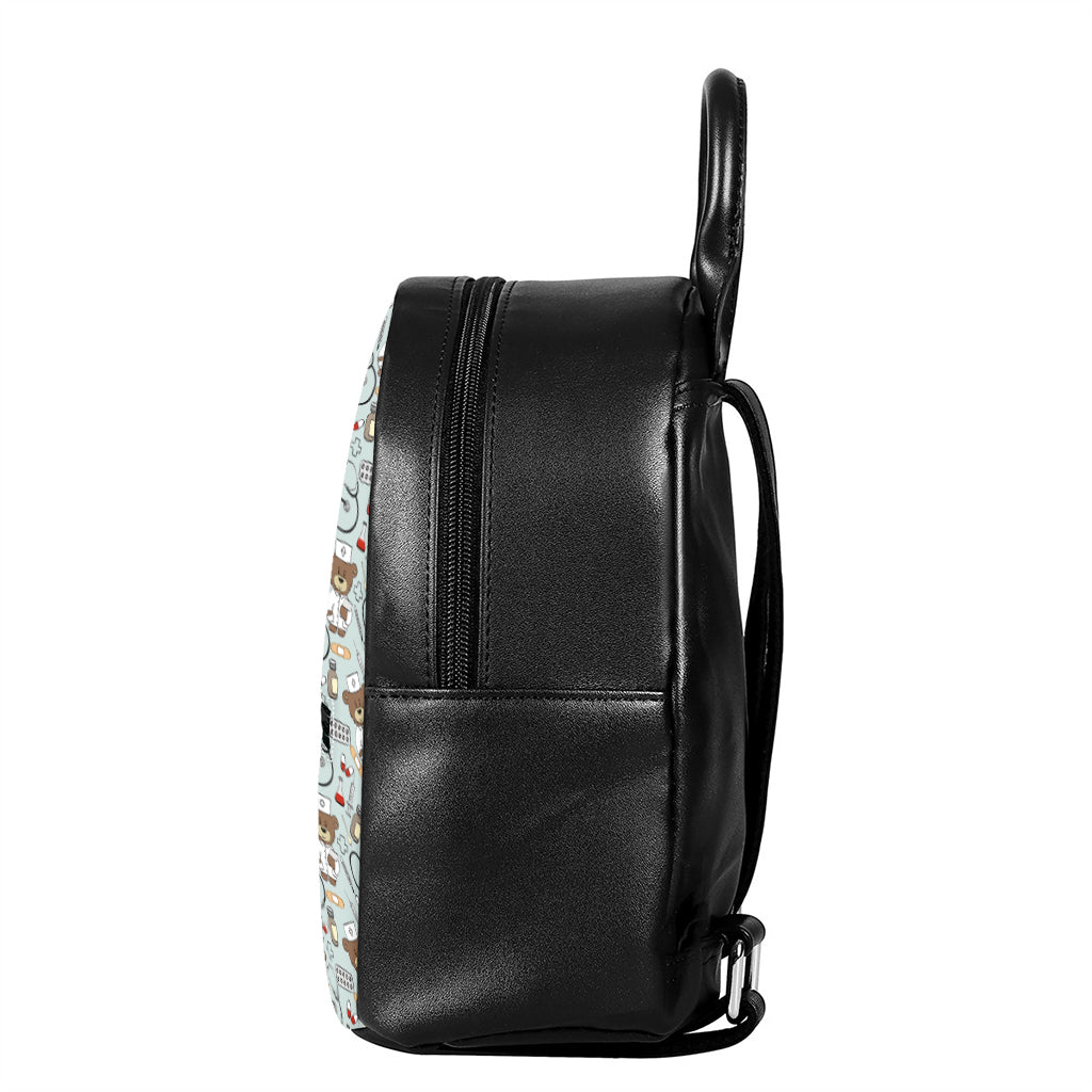 Teddy Bear Doctor Pattern Print Leather Backpack