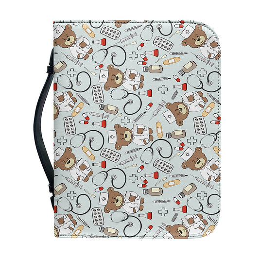 Teddy Bear Doctor Pattern Print Leather Bible Cover