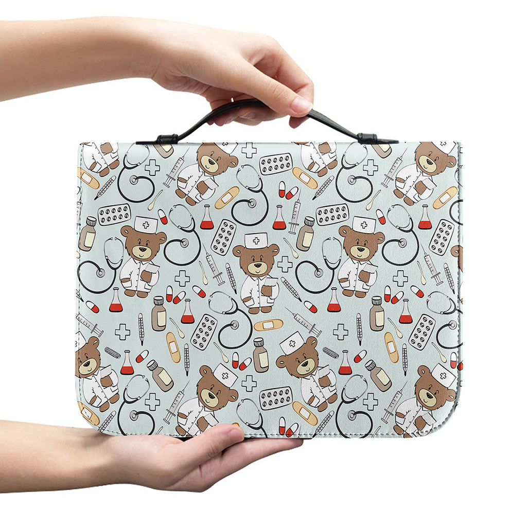 Teddy Bear Doctor Pattern Print Leather Bible Cover