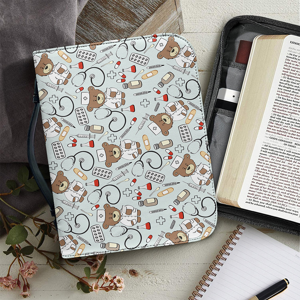 Teddy Bear Doctor Pattern Print Leather Bible Cover