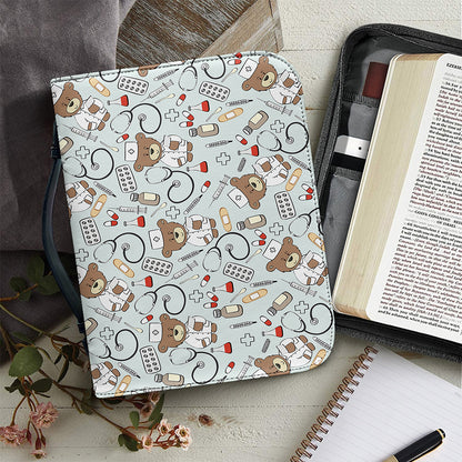 Teddy Bear Doctor Pattern Print Leather Bible Cover
