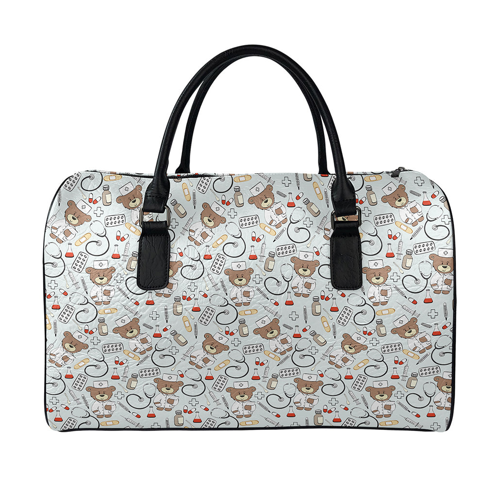 Teddy Bear Doctor Pattern Print Leather Duffle Bag