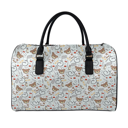Teddy Bear Doctor Pattern Print Leather Duffle Bag