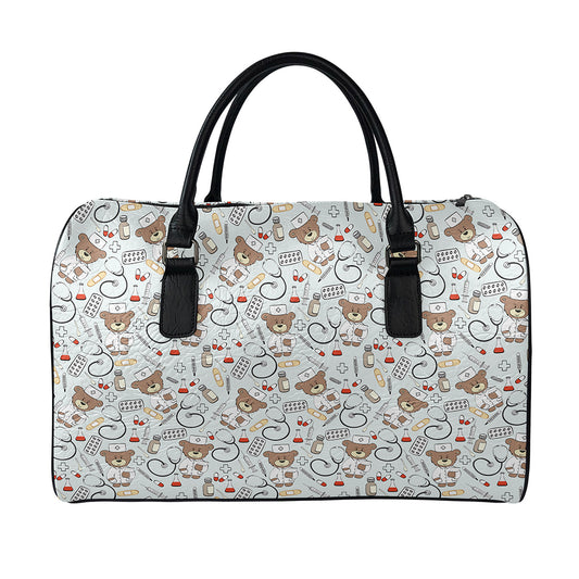 Teddy Bear Doctor Pattern Print Leather Duffle Bag
