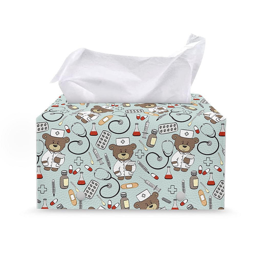 Teddy Bear Doctor Pattern Print Leather Tissue Box Cover