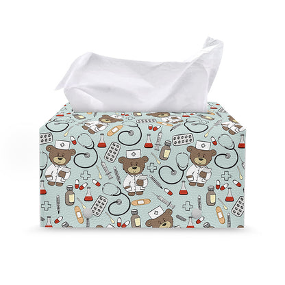 Teddy Bear Doctor Pattern Print Leather Tissue Box Cover