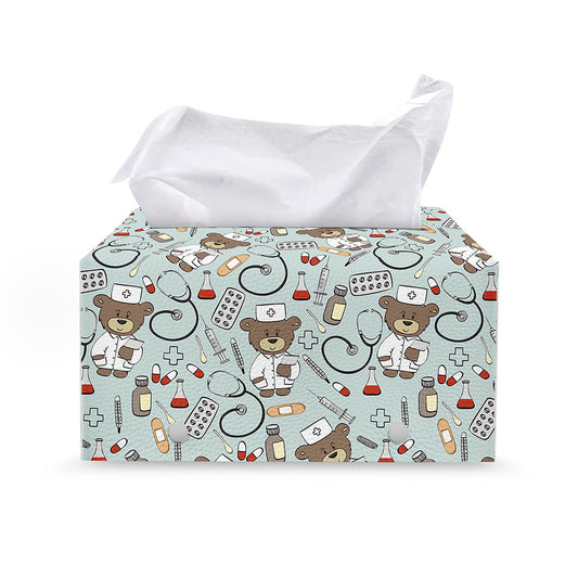 Teddy Bear Doctor Pattern Print Leather Tissue Box Cover