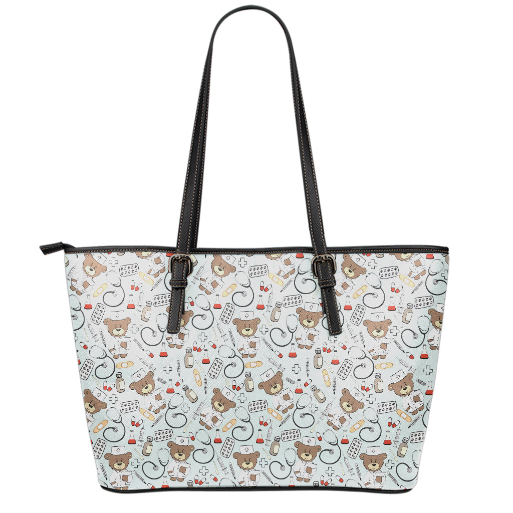 Teddy Bear Doctor Pattern Print Leather Tote Bag