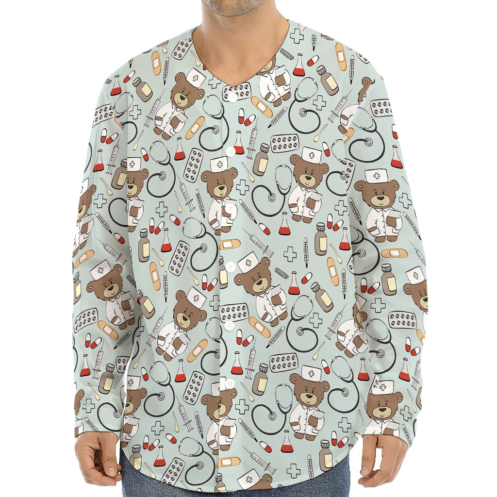 Teddy Bear Doctor Pattern Print Long Sleeve Baseball Jersey