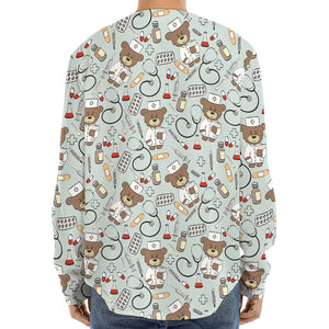 Teddy Bear Doctor Pattern Print Long Sleeve Baseball Jersey