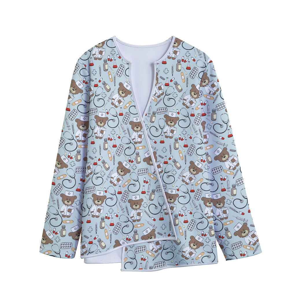 Teddy Bear Doctor Pattern Print Long Sleeve Short Coat